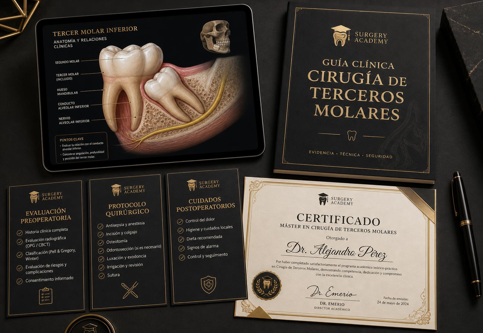 Guía clínica en PDF, checklists imprimibles y certificado del Máster en Cirugía de Terceros Molares