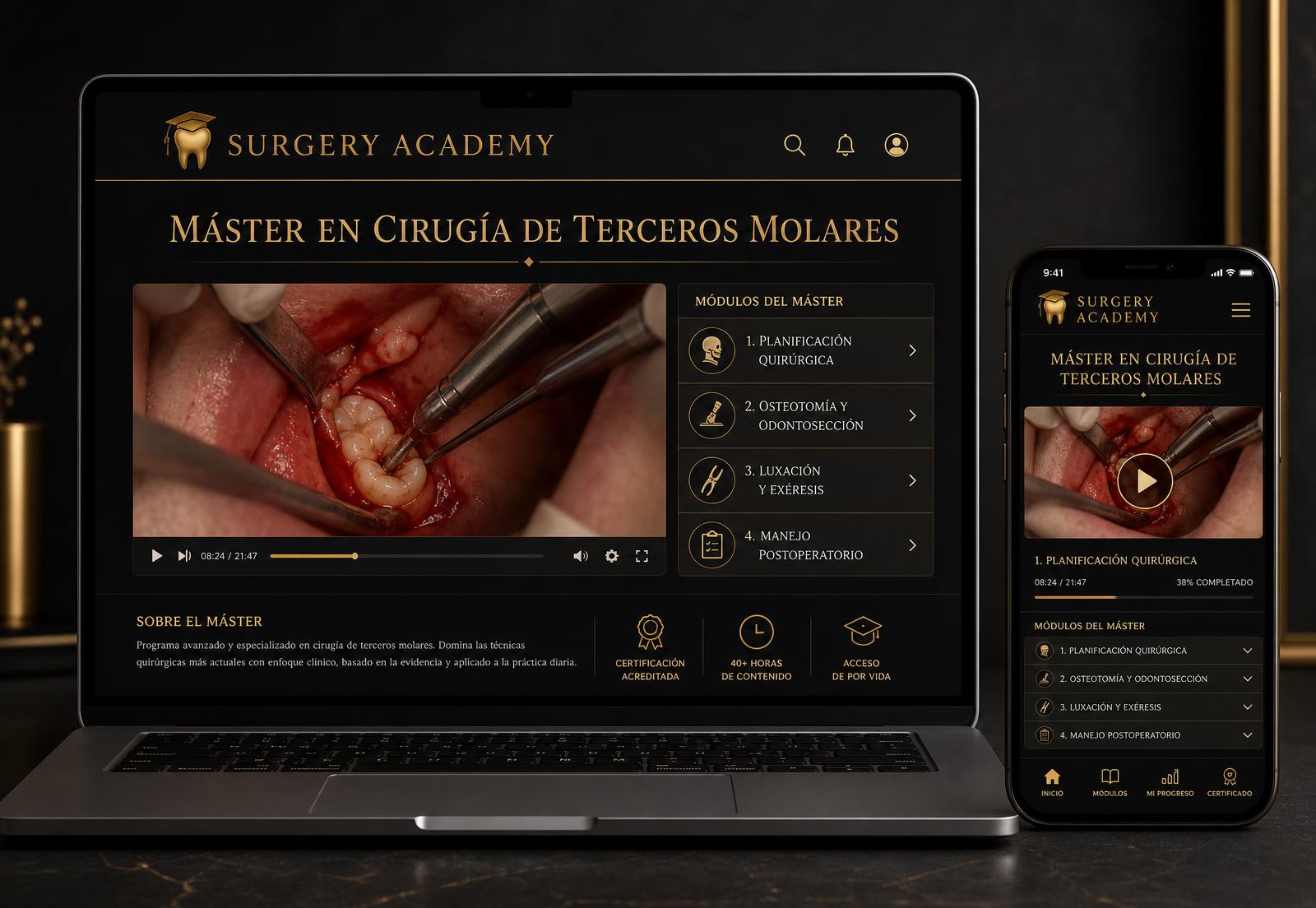 Aula virtual del Máster en Cirugía de Terceros Molares vista en computador y celular